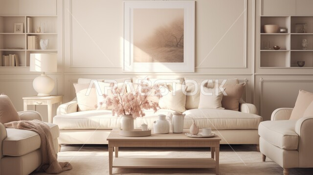 Modern accessories and antiques, comfortable living room interior designs in modern style, living room with luxury beige home furniture, upscale interior decorations for villas and residential apartments in Saudi Arabia, hanging art paintings