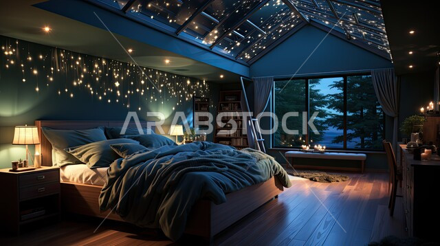  مراقبة النجوم والكواكب الفلكية، أماكن للاسترخاء الابتعاد عن ضغط العمل، شقق سكنية بأثاث راقي، التصاميم العصرية والديكورات الداخلية للأكواخ الخشبية، غرفة نوم ذات طابع فضائي