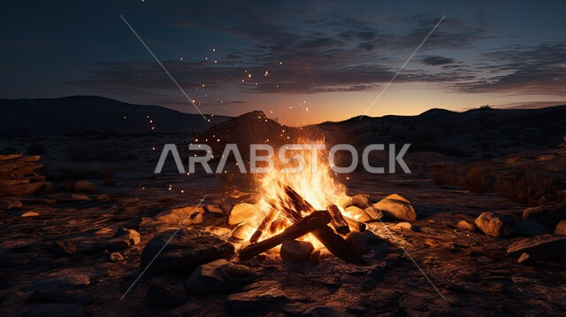  أجواء ليلية هادئة أمام شعلة الحطب في الصحراء، مخيمات سياحية في صحاري المملكة العربية السعودية، أجواء التخييم الشبابية الممتعه، الطبيعة والرمال الذهبية الناعمة، منظر السماء المليئة بالنجوم ليلا، أماكن المغامرات والكشتات البرية