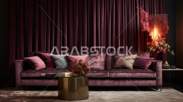 الديكورات الداخلية الراقية للفلل والشقق السكنية في المملكة العربية السعودية، اكسسوارات وتحف عصرية، التصاميم الداخلية لغرف الجلوس المريحة على الطراز الحديث، غرفة معيشة بألوان داكنة مع أثاث منزلي فاخر