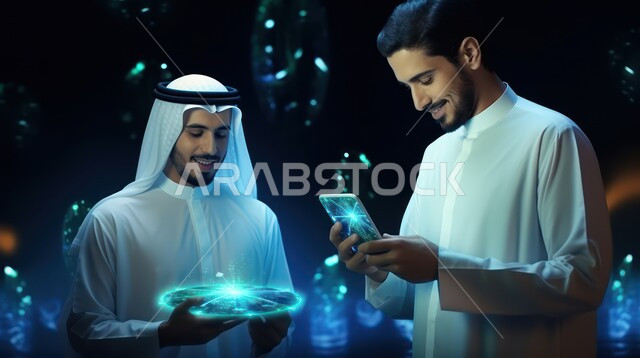 Electronic growth and development in the field of artificial intelligence, modern digital technology, a Saudi future vision 2030, a picture of two Saudi Gulf Arab men wearing traditional thobes, one holding a mobile phone and the other holding holographic digital codes in his hand and looking at them.