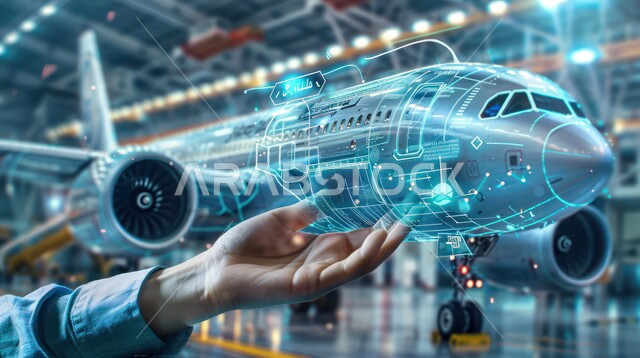 Maintenance and construction of modern aircraft using technology, a three-dimensional model of an aircraft using hologram technology, the concept of aviation engineering, Saudi Arabian airline companies, Saudi Vision 2030, science and technology of artificial intelligence in engineering factories, achieving the industrial revolution