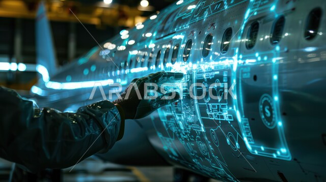 Maintenance and construction of modern aircraft using technology, a three-dimensional model of an aircraft using hologram technology, the concept of aviation engineering, Saudi Arabian airline companies, Saudi Vision 2030, science and technology of artificial intelligence in engineering factories, achieving the industrial revolution