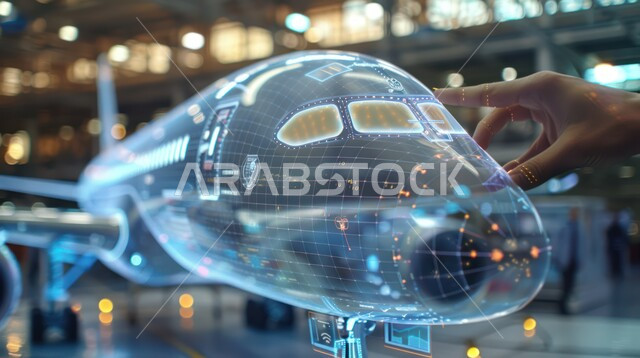 Maintenance and construction of modern aircraft using technology, a three-dimensional model of an aircraft using hologram technology, the concept of aviation engineering, Saudi Arabian airline companies, Saudi Vision 2030, science and technology of artificial intelligence in engineering factories, achieving the industrial revolution
