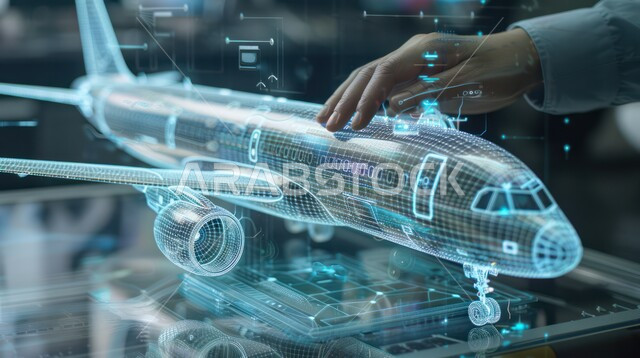 Maintenance and construction of modern aircraft using technology, a three-dimensional model of an aircraft using hologram technology, the concept of aviation engineering, Saudi Arabian airline companies, Saudi Vision 2030, science and technology of artificial intelligence in engineering factories, achieving the industrial revolution
