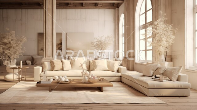 اكسسوارات وتحف عصرية، التصاميم الداخلية لغرف الجلوس المريحة على الطراز الحديث، غرفة معيشة مع أثاث منزلي فاخر باللون البيج، الديكورات الداخلية الراقية للفلل والشقق السكنية في المملكة العربية السعودية، لوحات فنية معلقة