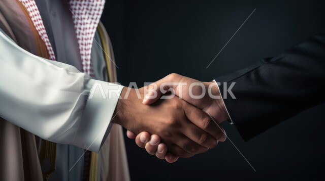مفهوم الصفح والتسامح, إلقاء السلام والتحية,صورة مقربة ليدي رجلين عربيين خليجيين سعوديين يتصافحان سوياً, بناء العلاقات الاجتماعية المتينة في المجتمع السعودي، عقد اتفاقات العمل في المملكة