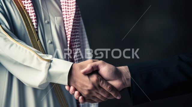 مفهوم الصفح والتسامح, إلقاء السلام والتحية,صورة مقربة ليدي رجلين عربيين خليجيين سعوديين يتصافحان سوياً, بناء العلاقات الاجتماعية المتينة في المجتمع السعودي، عقد اتفاقات العمل في المملكة