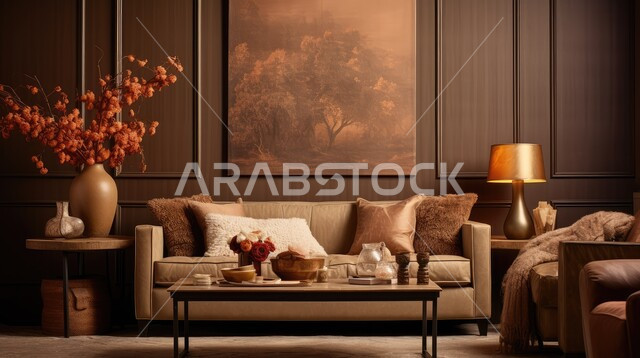 الديكورات الداخلية الراقية للفلل والشقق السكنية في المملكة العربية السعودية، الطراز الكلاسيكي في التصاميم الداخلية لغرف الجلوس، اكسسوارات وتحف عصرية، غرفة معيشة مع أثاث منزلي فاخر بالألوان الداكنة