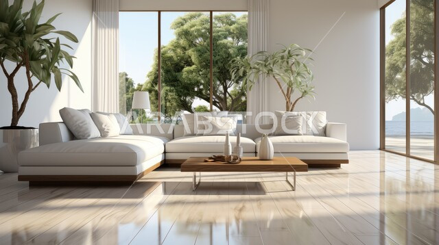 واجهه زجاجية مطلة على الطبيعة الخضراء، التصاميم الداخلية لغرف الجلوس المريحة على الطراز الحديث، غرفة معيشة مع أثاث منزلي فاخر باللون البيج، الديكورات الداخلية الراقية للفلل والشقق السكنية في المملكة العربية السعودية، اكسسوارات وتحف عصرية