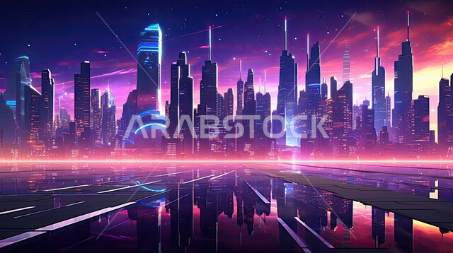 The concept of developing and improving infrastructure, a futuristic imaginary view of urban progress and growth, modern architectural arts and designs of skyscrapers in the Kingdom, a panoramic image of towers, buildings and commercial facilities, Saudi Vision 2030