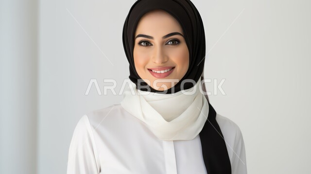 ملابس محجبات عصرية راقية، مفهوم الأنوثة والنعومة، الاهتمام بالمظهر الخارجي والأناقة، صورة مقربة لامرأة عربية خليجية سعودية محجبة مبتسمة تنظر إلى الكاميرا بايماءات الثقة بالنفس