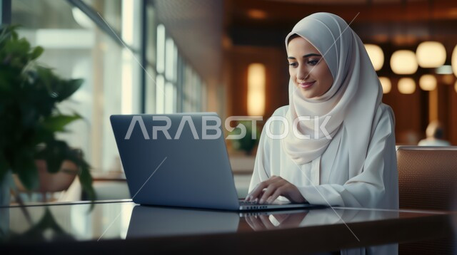 إنجاز مهام العمل عن بعد من خلال الانترنت، مهن ووظائف نسائية مكتبية، إجراء مكالمات فيديو عبر جهاز اللابتوب، صورة مقربة لشابة عربية خليجية سعودية تعمل على الحاسب المحمول بايماءات السعادة والسرور، استخدام التكنولوجيا الحديثة والمتطورة