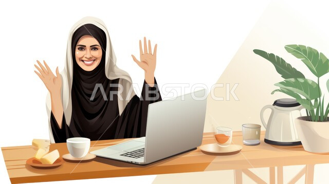 إنجاز مهام العمل عن بعد من خلال الانترنت، مهن ووظائف نسائية مكتبية، إجراء مكالمات فيديو عبر جهاز اللابتوب، صورة مقربة لشابة عربية خليجية سعودية تعمل على الحاسب المحمول بايماءات السعادة والسرور، استخدام التكنولوجيا الحديثة والمتطورة