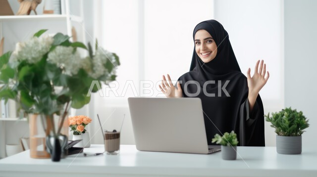 Completing work tasks remotely via the Internet, women’s office professions and jobs, making video calls via the laptop, a close-up photo of a young Saudi Gulf Arab woman working on the laptop with gestures of happiness and pleasure, using modern and advanced technology.