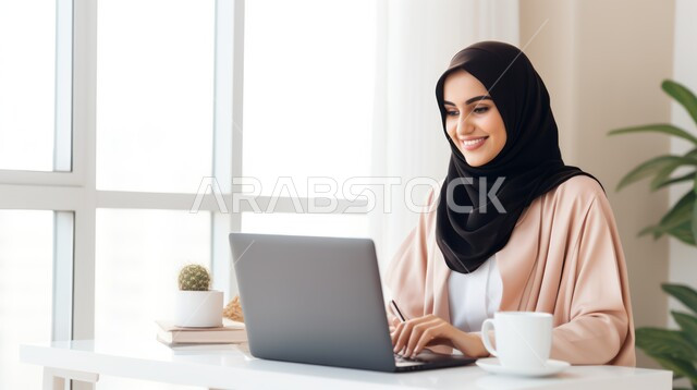 إنجاز مهام العمل عن بعد من خلال الانترنت، مهن ووظائف نسائية مكتبية، إجراء مكالمات فيديو عبر جهاز اللابتوب، صورة مقربة لشابة عربية خليجية سعودية تعمل على الحاسب المحمول بايماءات السعادة والسرور، استخدام التكنولوجيا الحديثة والمتطورة