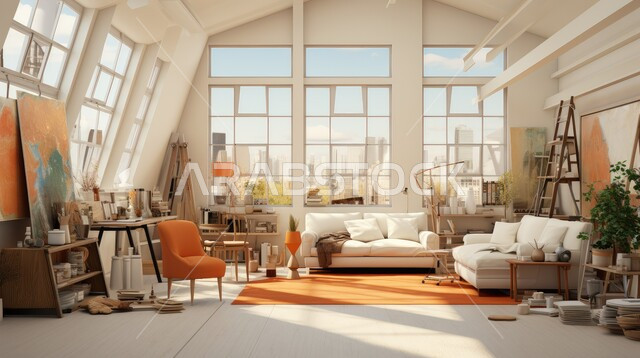 اكسسوارات وتحف عصرية، التصاميم الداخلية لغرف الجلوس المريحة على الطراز الحديث، غرفة معيشة مع أثاث منزلي فاخر باللون البيج، الديكورات الداخلية الراقية للفلل والشقق السكنية في المملكة العربية السعودية، لوحات فنية معلقة