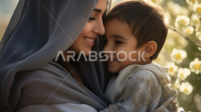 قضاء وقت ممتع مع الأبناء، تحمل المسؤولية والعناية بالأطفال، مفهوم حنان الأمهات، بورتريه مقرب لأم عربية خليجية سعودية محجبة مبتسمة تحضن ظفلها وتنظر اليه تحضنه بعطف وحب، مشاعر الأمومة والطفولة