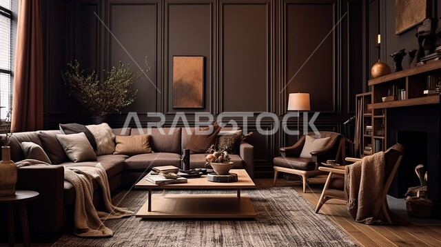 الطراز الكلاسيكي في التصاميم الداخلية لغرف الجلوس، اكسسوارات وتحف عصرية، غرفة معيشة مع أثاث منزلي فاخر بالألوان الداكنة، الديكورات الداخلية الراقية للفلل والشقق السكنية في المملكة العربية السعودية