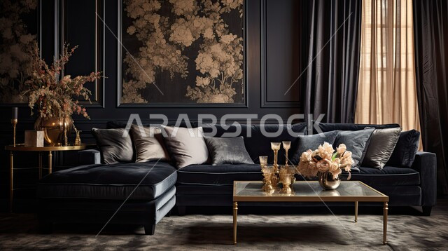  الديكورات الداخلية الراقية للفلل والشقق السكنية في المملكة العربية السعودية، الطراز الكلاسيكي في التصاميم الداخلية لغرف الجلوس، اكسسوارات وتحف عصرية، غرفة معيشة مع أثاث منزلي فاخر بالألوان الداكنة