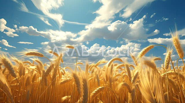 View of sky filled with white cotton clouds, local national crops, shiny golden ears of wheat, close-up of a group of wild grasses swaying in the wind, Saudi Arabia landscape, wheat fields and farms