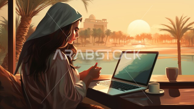 Using modern and advanced technology, completing work tasks remotely through the Internet, female office professions and jobs, making video calls via the laptop, a close-up photo of a Saudi Gulf Arab woman working on the laptop with gestures of happiness and pleasure.