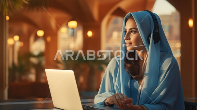 Using modern and advanced technology, completing work tasks remotely through the Internet, female office professions and jobs, making video calls via the laptop, a close-up photo of a Saudi Gulf Arab woman working on the laptop with gestures of happiness and pleasure.