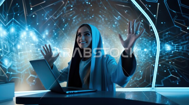Electronic development and technological growth in the field of artificial intelligence, a smiling Saudi Arabian Gulf woman wearing a hijab doing work and tasks using a laptop at the company’s headquarters, modern digital technology, holographic digital symbols for computer icons and Internet networks