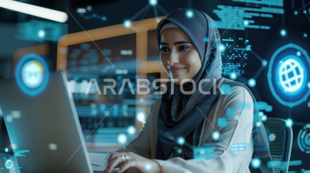 التطور الالكتروني والنمو التكنولوجي في مجال الذكاء الاصطناعي، إمرأة عربية خليجية سعودية مبتسمة ترتدي الحجاب تقوم بإنجاز الاعمال والمهام بإستخدام الحاسب المحمول في مقر الشركة، التكنولوجيا الرقمية الحديثة، رموز رقمية هولوجرامية لأيقونات الكمبيوتر وشبكات الإنترنت