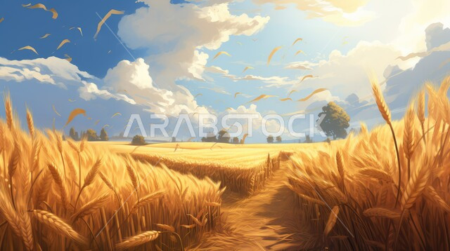 منظر السماء المليئة بالغيوم البيضاء القطنية، محاصيل وطنية محلية، السنابل الذهبية اللامعة، صورة مقربة لمجموعة من الأعشاب البرية تتمايل مع الرياح، المناظر الطبيعية في المملكة العربية السعودية، حقول ومزارع القمح