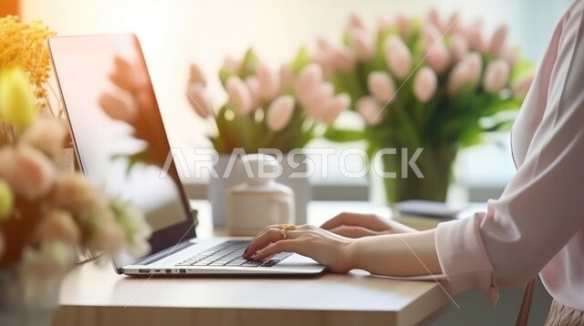 Completing work tasks remotely via the Internet, using modern and advanced technology, making video calls via the laptop, a close-up photo of a Saudi Arabian Gulf woman working on the laptop with happy gestures, female office professions and jobs