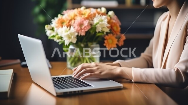 Completing work tasks remotely via the Internet, using modern and advanced technology, making video calls via the laptop, a close-up photo of a Saudi Arabian Gulf woman working on the laptop with happy gestures, female office professions and jobs