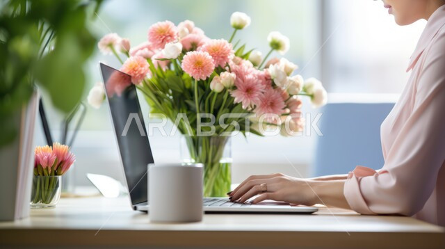 Completing work tasks remotely via the Internet, using modern and advanced technology, making video calls via the laptop, a close-up photo of a Saudi Arabian Gulf woman working on the laptop with happy gestures, female office professions and jobs