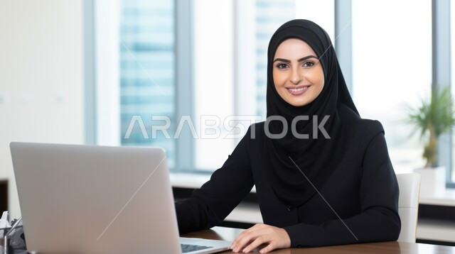 Using modern and advanced technology, making video calls via the laptop, a close-up picture of a young Saudi Gulf Arab woman working on the laptop with gestures of happiness and pleasure, completing work tasks remotely via the Internet, female office professions and jobs.