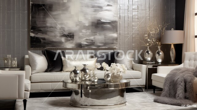 اكسسوارات وتحف عصرية، التصاميم الداخلية لغرف الجلوس المريحة على الطراز الحديث، غرفة معيشة مع أثاث منزلي فاخر باللون الأبيض، الديكورات الداخلية الراقية للفلل والشقق السكنية في المملكة العربية السعودية، لوحات فنية معلقة