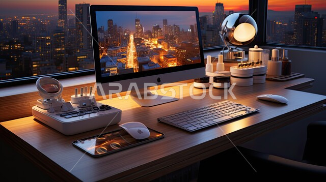 غرف مكتبية بتصاميم داخلية وديكورات راقية مع اثاث فاخر ومريح، الفن الهندسي المعماري المتطور، غرف القراءة والجلوس، مكتب عمل مع حاسب محمول وبواجهه زجاجية كبيرة، تصميم عصري حديث لمكاتب الشركات السعودية