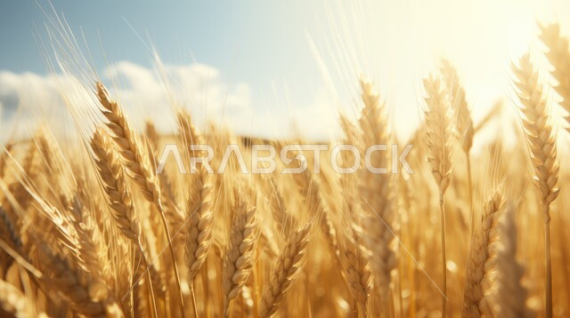  السنابل الذهبية اللامعة، صورة مقربة لمجموعة من الأعشاب البرية تتمايل مع الرياح، المناظر الطبيعية في المملكة العربية السعودية، حقول ومزارع القمح، منظر السماء المليئة بالغيوم البيضاء القطنية، محاصيل وطنية محلية