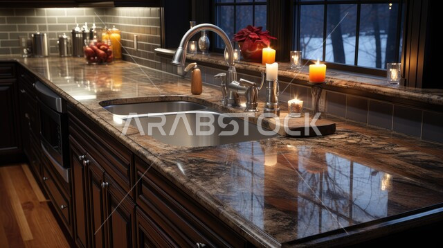 مجلى لغسيل الأطباق من الرخام الاسود الفاخر، مطبخ بديكورات داخلية فاخرة، فنون الهندسة المعمارية المتميزة الحديثة، شقق وفلل سكنية في السعودية، استخدام الطراز الفني العصري في الأثاث المنزلي