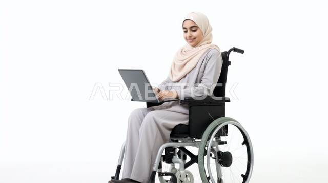 اهتمام ودعم المجتمع السعودي بأصحاب الاحتياجات الخاصه, دمج وتوظيف ذوي الهمم في مختلف المجالات العملية, إمرأة عربية سعودية خليجية مبتسمة ترتدي الحجاب تجلس على الكرسي المتحرك تمسك الحاسوب المحمول، استخدام الأجهزة التقنية والتكنولوجية في مقر العمل