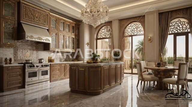 النوافذ والواجهات الزجاجية، التصاميم الداخلية للفلل والشقق السكنية، مطبخ راقي باللون البيج، الديكورات العصرية للمطابخ العربية الفاخرة في المملكة العربية السعودية