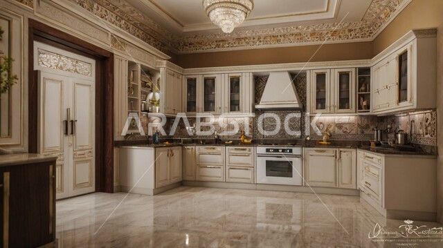 التصاميم الداخلية للفلل والشقق السكنية، مطبخ راقي باللون البيج، النوافذ والواجهات الزجاجية، الديكورات العصرية للمطابخ العربية الفاخرة في المملكة العربية السعودية