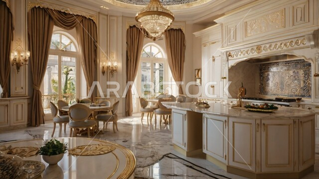 النوافذ والواجهات الزجاجية، التصاميم الداخلية للفلل والشقق السكنية، مطبخ راقي باللون البيج، الديكورات العصرية للمطابخ العربية الفاخرة في المملكة العربية السعودية