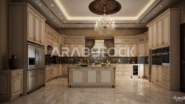 مطبخ راقي باللون البيج، التصاميم الداخلية للفلل والشقق السكنية، النوافذ والواجهات الزجاجية، الديكورات العصرية للمطابخ العربية الفاخرة في المملكة العربية السعودية