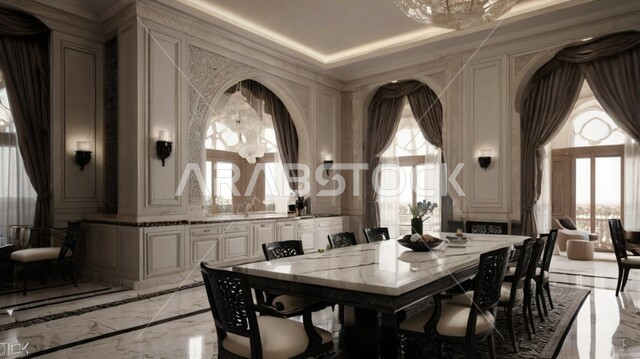 الديكورات العصرية لغرف الطعام الفاخرة في المملكة العربية السعودية، صورة بالابيض والاسود لغرفة سفرة بتصاميم راقية، التصاميم الداخلية للفلل والشقق السكنية، النوافذ والواجهات الزجاجية