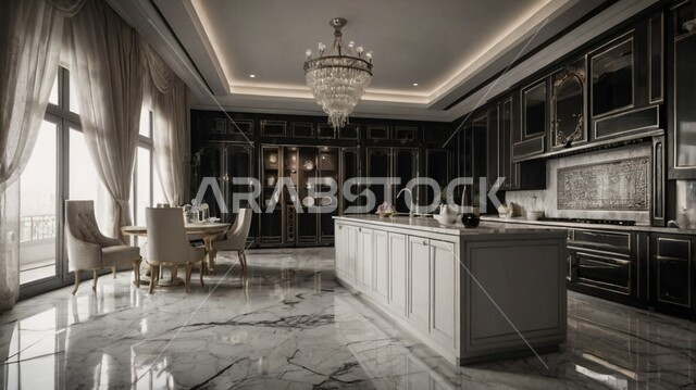النوافذ والواجهات الزجاجية، الديكورات العصرية للمطابخ العربية الفاخرة في المملكة العربية السعودية، التصاميم الداخلية للفلل والشقق السكنية، صورة بالابيض والاسود لمطبخ حديث و راقي