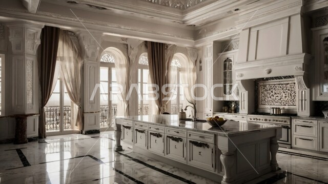 الديكورات العصرية للمطابخ العربية الفاخرة في المملكة العربية السعودية، النوافذ والواجهات الزجاجية، التصاميم الداخلية للفلل والشقق السكنية، صورة بالابيض والاسود لمطبخ حديث و راقي
