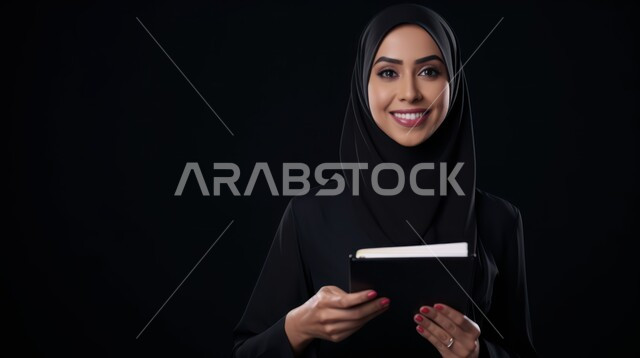 مراجعة الدروس اليومية، التعليم والدراسة في المملكة العربية السعودية، الثقافة والقراءة والإستطلاع، بورتريه مقرب لطالبة عربية خليجية سعودية مبتسمة تتنظر الى الكاميرا تحمل بيدها مجموعة من الأوراق، تعابير وايماءات السرور والسعادة، خلفية سوداء