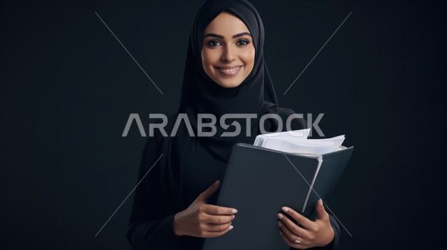 مراجعة الدروس اليومية، التعليم والدراسة في المملكة العربية السعودية، الثقافة والقراءة والإستطلاع، بورتريه مقرب لطالبة عربية خليجية سعودية مبتسمة تتنظر الى الكاميرا تحمل بيدها مجموعة من الأوراق، تعابير وايماءات السرور والسعادة، خلفية سوداء