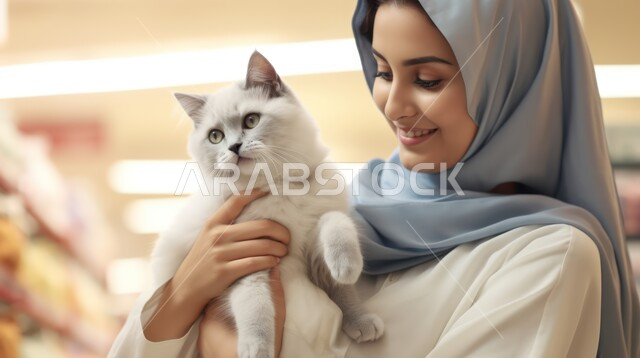 الرفق بالحيوان والعطف عليه، رعاية وتربية القطط في المنازل، صورة مقربة لشابة عربية خليجية سعودية مبتسمة ترتدي العباءة والحجاب تقوم بمداعبة قطة أليفة، قضاء أوقات ممتعة في اللعب مع القط، الأثر الايجابي لاقتناء الحيوانات الأليفة
