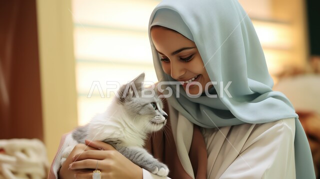 الرفق بالحيوان والعطف عليه، رعاية وتربية القطط في المنازل، صورة مقربة لشابة عربية خليجية سعودية مبتسمة ترتدي العباءة والحجاب تقوم بمداعبة قطة أليفة، قضاء أوقات ممتعة في اللعب مع القط، الأثر الايجابي لاقتناء الحيوانات الأليفة
